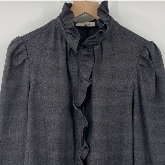 Isabel Marant Etoile Dules Ruffled Shirt Twill Mockneck Cotton Plaid Gray 12 - Picture 5 of 9